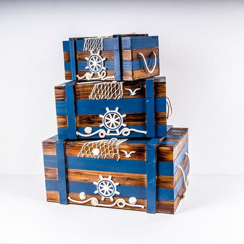 木制工艺品地中海装饰摆件海洋风套三大木箱套三收纳箱